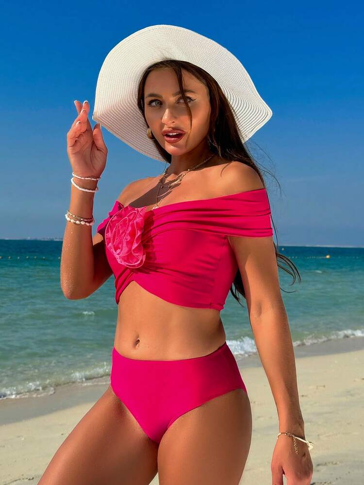 Open Shoulder Bikini Set With 3d Flower Decoration And Triangle Bottoms Valentine Summer