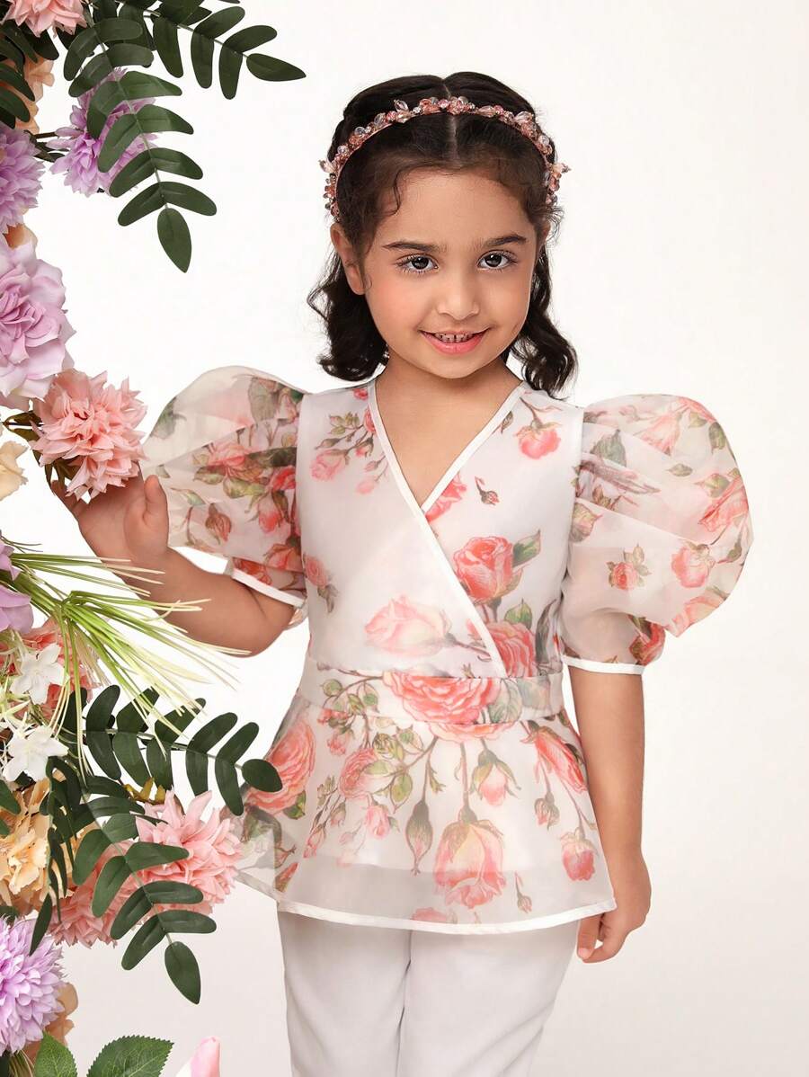 SHEIN 少女可愛 V領泡泡袖短袖上衣,印有花卉圖案 - 彩色 - 查看 1