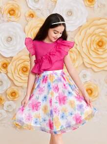 SHEIN Tween Girls' Loose Fit Casual Ruffled Neck Top And Skirt Set - White - View 6