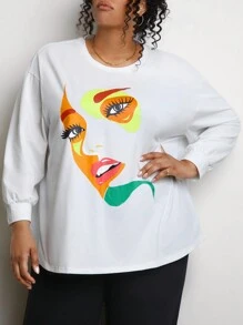 SHEIN CURVE+ Plus Size Women's Abstract Human Face Printed Drop Shoulder Long Sleeve T-Shirt - White - View 5