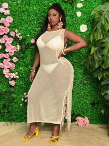 Slaydiva Plus Size Women's Sleeveless Sweater Dress With Fringed Hem - Apricot - View 5