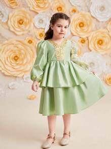 SHEIN Young Girl Loose And Lovely Lantern Sleeve Dress With V-Neck And Strap Decoration - Multicolor - View 3