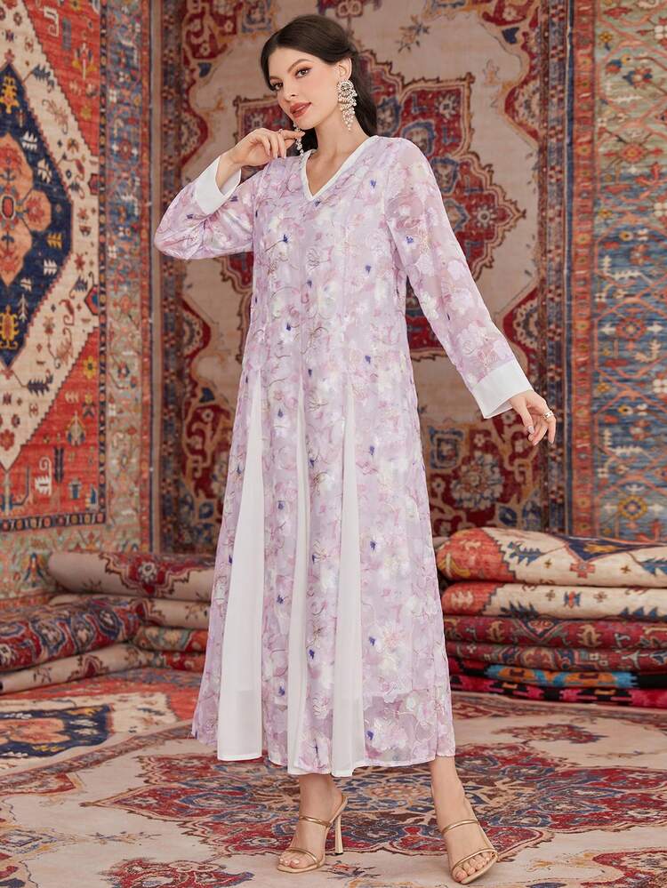 V-Neck Long Sleeve Floral Print Dress