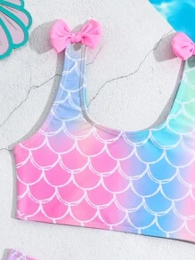 SHEIN Young Girls' Swimwear Set, Mermaid Fish Scale Design Bowknot Bikini Kids Swimming ,Kids Beachwear