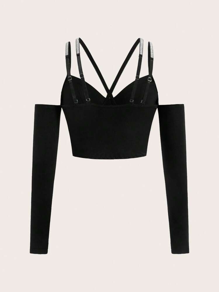 Skinny Long Sleeve T-Shirt With Rhinestone Decoration On The Breast Cup