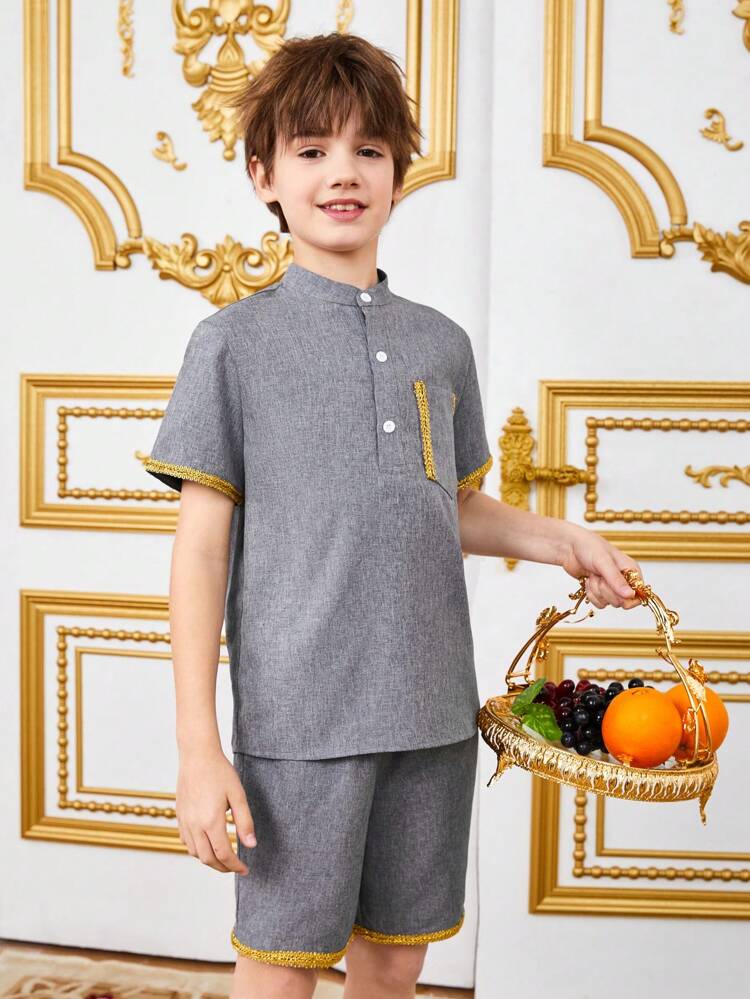 Tween Boys' Loose Fit Casual Stand Collar Shirt Shorts Set With Patchwork And Weaving Detail