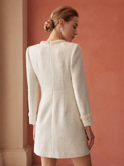 PEARL EMBELLISHED TWEED DRESS｜Motf