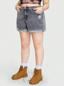 ROMWE Street Life Plus Size Women'S Graffiti Frayed Denim Shorts - Grey - View 4
