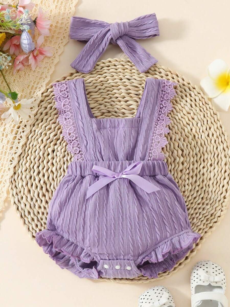 Conjunto de 2 piezas de body de encaje morado para bebé niña, atuendo casual, lindo y elegante para primavera y verano - Multicolor - Ver 1