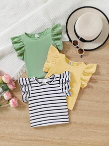 SHEIN Leap Crew Baby Girl Casual And Versatile Solid/Stripe Ruffle Top 3pcs Outfit Set - Yellow - View 1