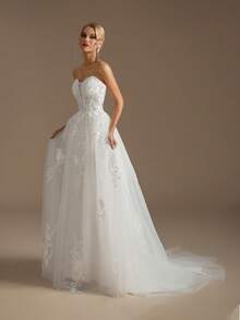 无肩带贴花性感婚纱