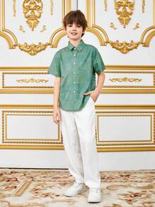 SHEIN Tween Boy Loose Cute Collar Padrão Camisa De Manga Curta Tecida