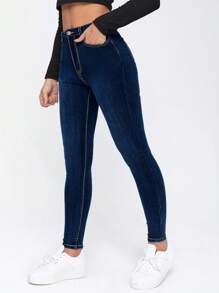 SHEIN Essnce 女式緊身牛仔褲 - 深色水洗藍 - 查看 5