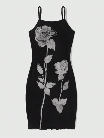 Fairycore Rose Sequin Embroidery Bodycon Dress, Sexy And Simple Style, Perfect For Night Parties And Dates