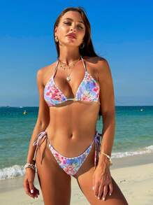 SHEIN Swim Summer Floral Printed Tie Knot Side Bikini Set Carnival
