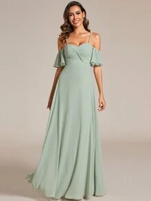 EVERPRETTY Chiffon Open Shoulder Bridesmaid Dress With Twist Knot And Ruffled Sleeves - Mint Green - View 4