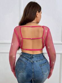 Viva Relle Croptop Aus Fischnetz Für Damen In Großen Größen Mit Strasssteinen - Rot - Übersicht 2
