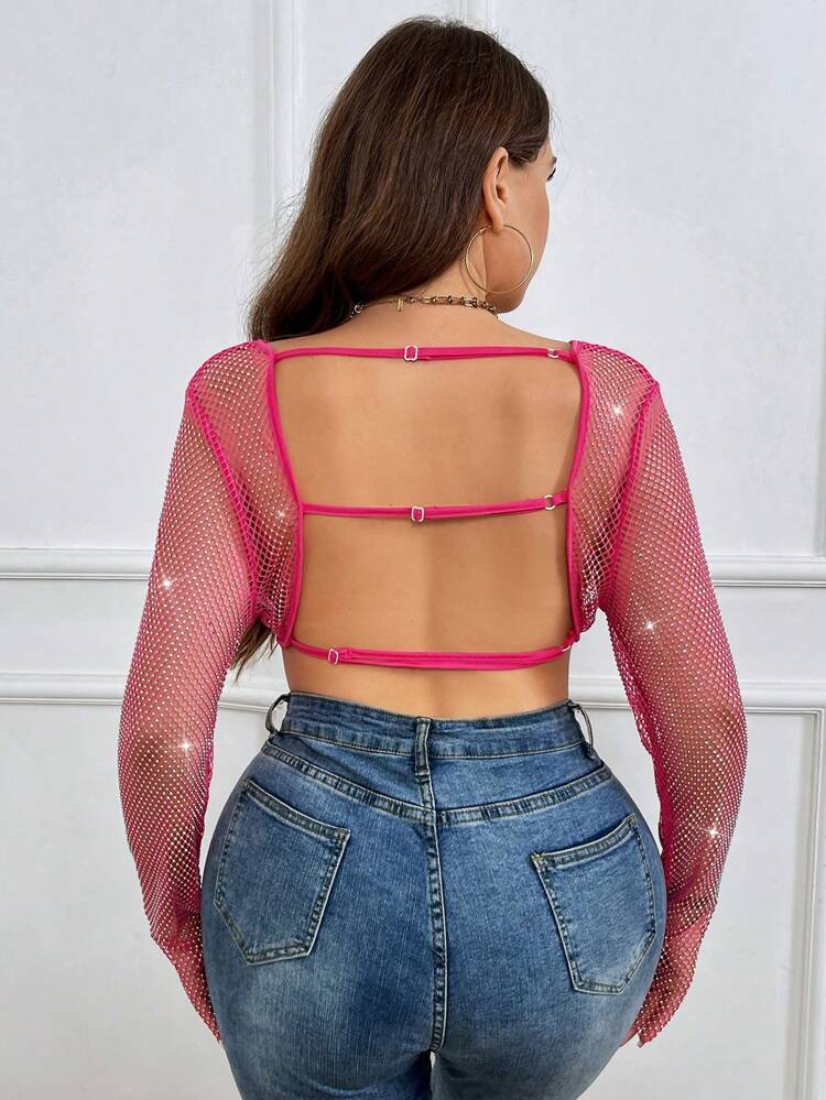 Plus Size Women'S Rhinestone Fishnet Cropped Top Fall Cloth For Women