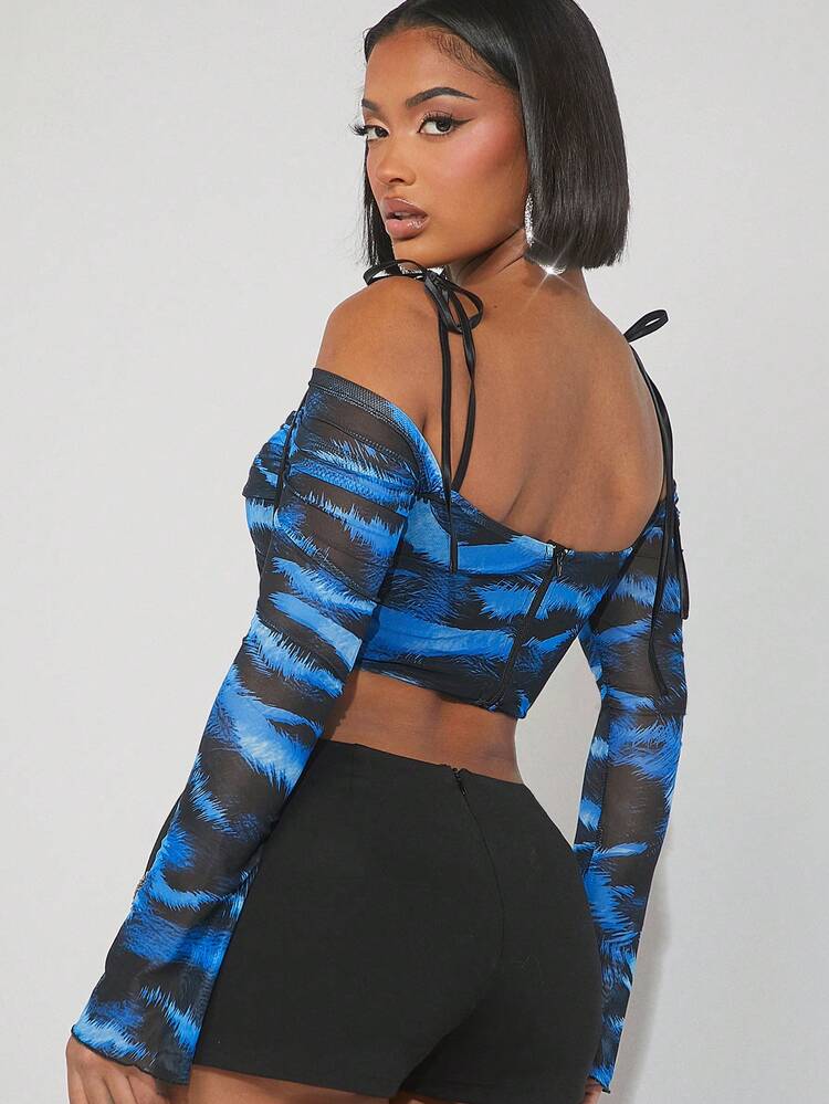 Print Cold Shoulder Bustier Asymmetrical Hem Crop Top