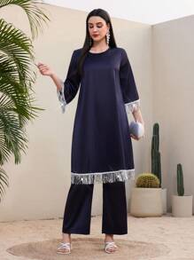 Mulvari Của phụ nữ Sáng bóng Tua viền Dài Áo Và Quần Hai chiếc Bộ - Màu xanh hải quân - Xem 6