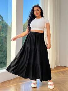 SHEIN EZwear 黑色編織長裙，寬鬆擺型 - 黑色 - 查看 3