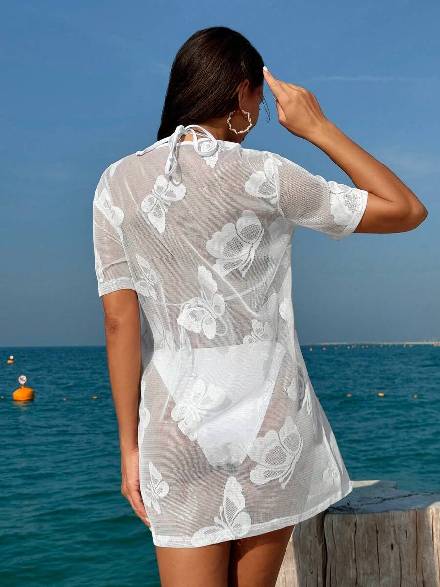 SHEIN Swim Summer Beach Butterfly Jacquard Short Sleeve Mesh Sheer