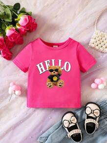 Baby Girl Cartoon Bear Pattern Short Sleeve Top - Hot Pink - View 1