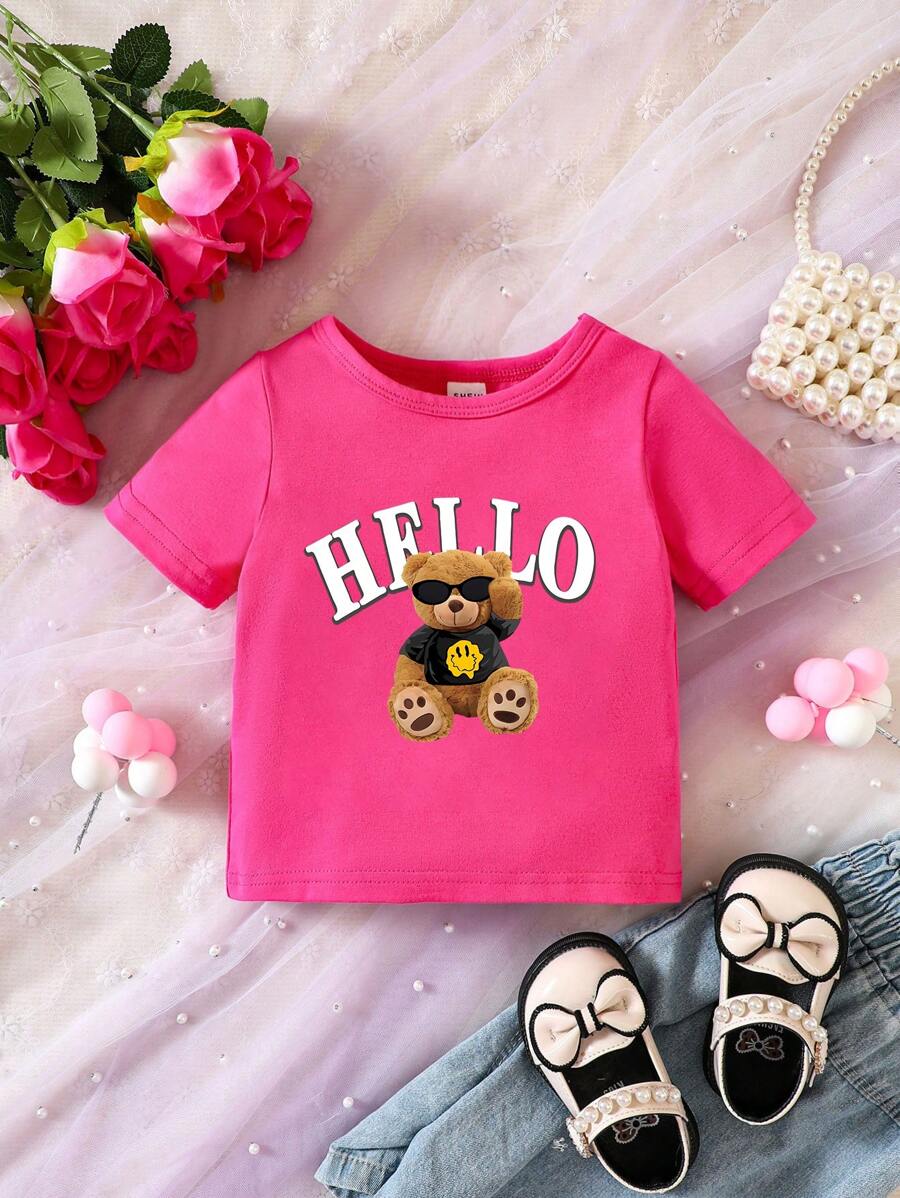 Baby Girl Cartoon Bear Pattern Short Sleeve Top - Hot Pink - View 1