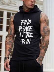 Manfinity LEGND Men's Street Wear Colorful Sleeveless Hooded Tank Top With Letter Print And Drawstring, For Workout - Black - View 1