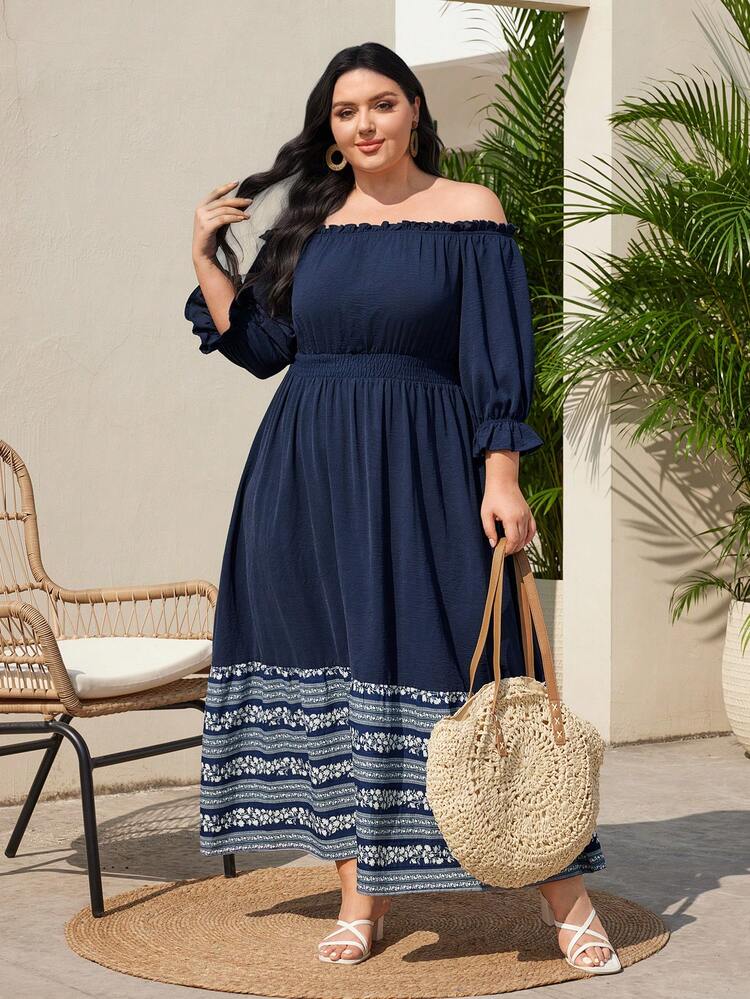 Plus Size Open Shoulder Flared Sleeve Dress