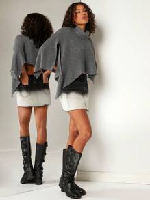 Hauture Suéter Con Cuello De Tortuga Y Capa Asimétrica - Gris Oscuro - Ver 3