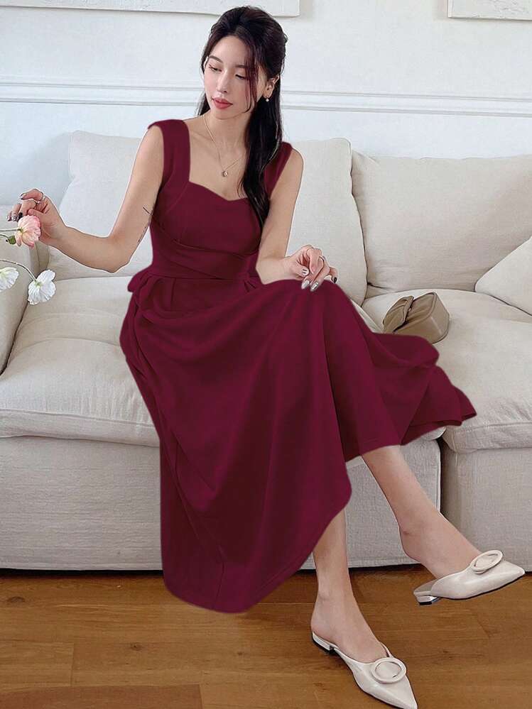 DAZY Abito da donna senza maniche a collo quadrato di colore unito, abito da donna rosso per il giorno di San Valentino - Bordò - Visualizzare 1