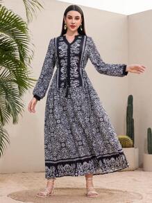 Mulvari Full-Printed Notched Neck Long Sleeve Dress - Black - View 1