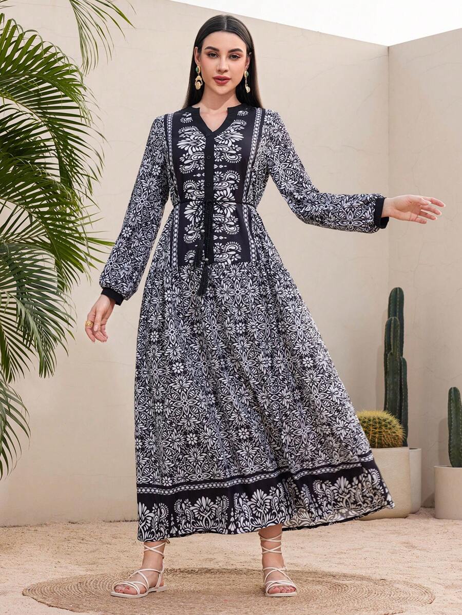 Mulvari Full-Printed Notched Neck Long Sleeve Dress - Black - View 1