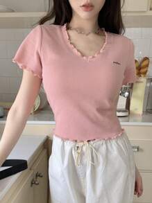 DAZY 女士v領短袖t恤 - 粉色 - 查看 1