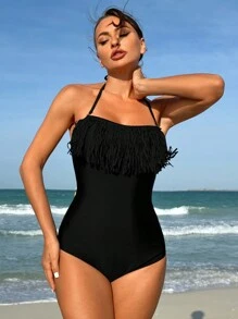 Swim Vcay 女士一件式泳衣,流蘇和頸背綁繩款式 - 黑色 - 查看 3