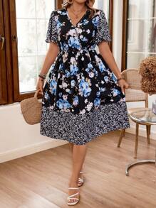 Celure Plus Size Floral Printed Patchwork Dress - Multicolor - View 1