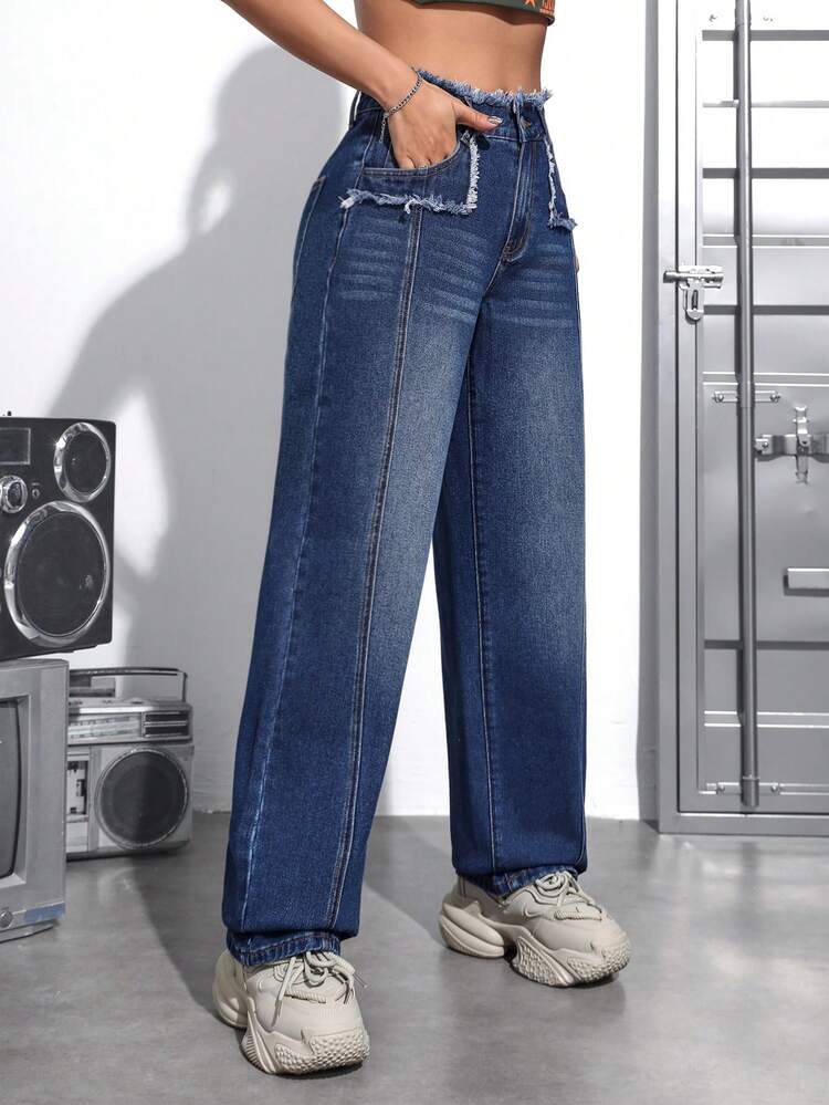 Women's Straight Leg High-Waist Jeans With Frayed Hem