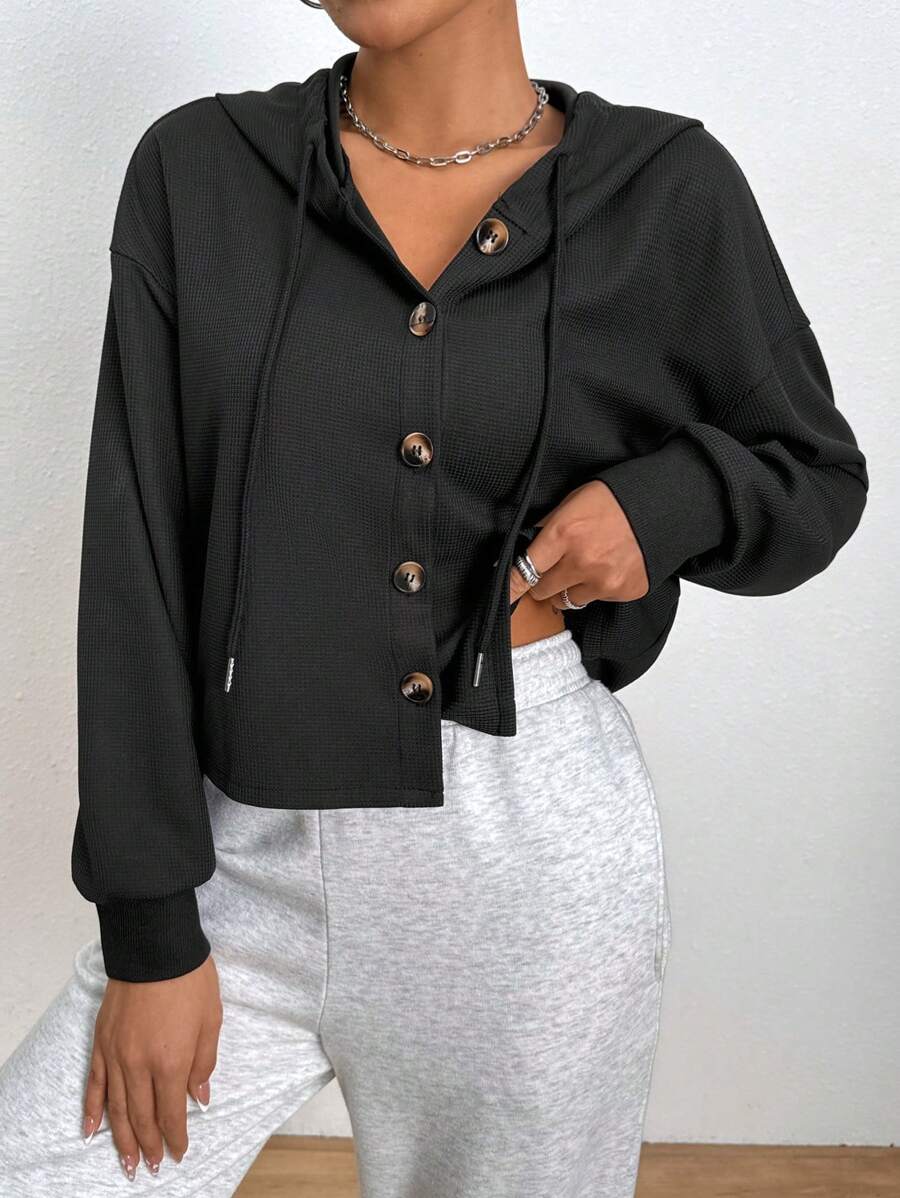 SHEIN Essnce Button-Front Drawstring Hooded Oversized Sweatshirt - Black - View 1