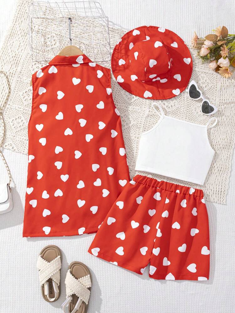 4pcs Tween Girls' Heart Printed Casual Outfits Set