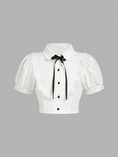 SHEIN ChillGRL Puff Sleeve Blouse For Young Girls, Sweet Girl Style, Puff Sleeve Design, Classic Solid Color, Soft & Comfortable, Suitable For Various Occasions, & Elegant, Wedding, Wedding Guest