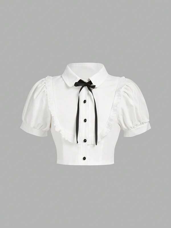 SHEIN Puff Sleeve Blouse For Young Girls, Sweet Girl Style, Puff Sleeve Design, Classic Solid Color, Soft & Comfortable, Suitable For Various Occasions, & Elegant, Wedding, Wedding Guest