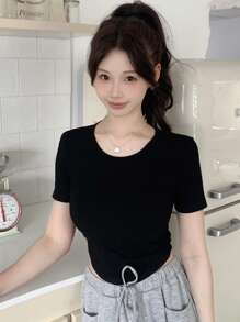 DAZY Women's Short Sleeve Round Neck T-Shirt With Back Bow Decoration