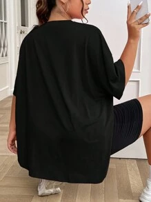 SHEIN EZwear 情人節1入超大號愛心泰迪熊印花圓領休閒寬鬆T恤衫 - 黑色 - 查看 5