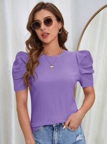 SHEIN Clasi Camiseta De Manga Abullonada Lisa Para Mujeres - Púrpura malva - Ver 4