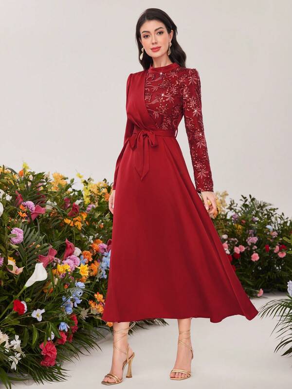 Modelyn Burgundy Red Women's Bead & Embroidery Decor Stand Collar Arabic Style Dress Long Evening Dresses