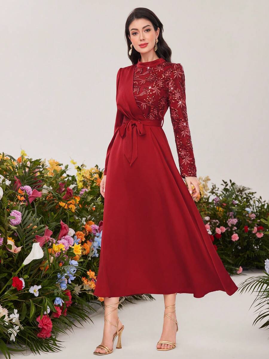 Modelyn 勃艮第红色女式珠饰刺绣立领阿拉伯风格连衣裙长款晚礼服 - 酒紅色 - 查看 1