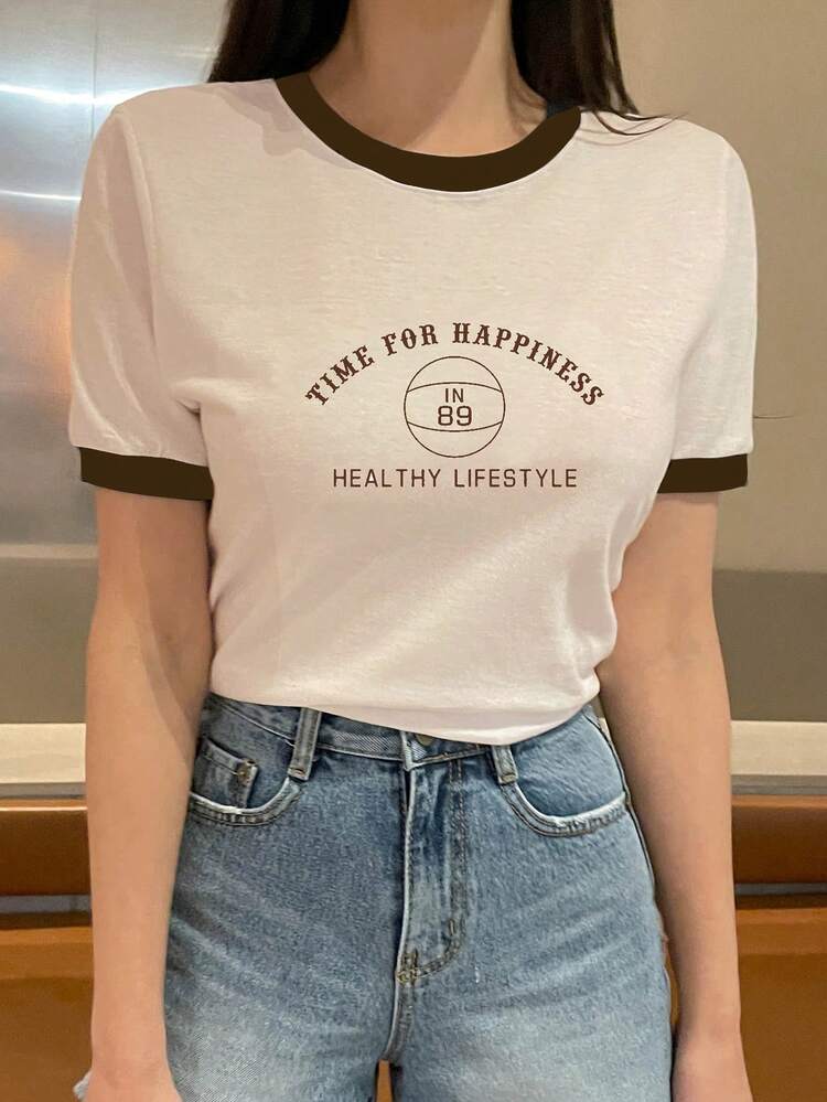 Women's Colorblock Letter Printed T-Shirt Preppy Tops