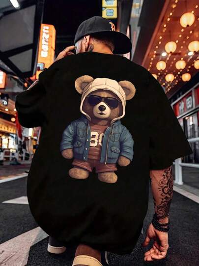 Men's Casual Bear Print Crew Neck T-Shirt, Commuting Wear