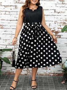 SHEIN Clasi 加大碼圓點拼接無袖連衣裙 - 黑與白 - 查看 1